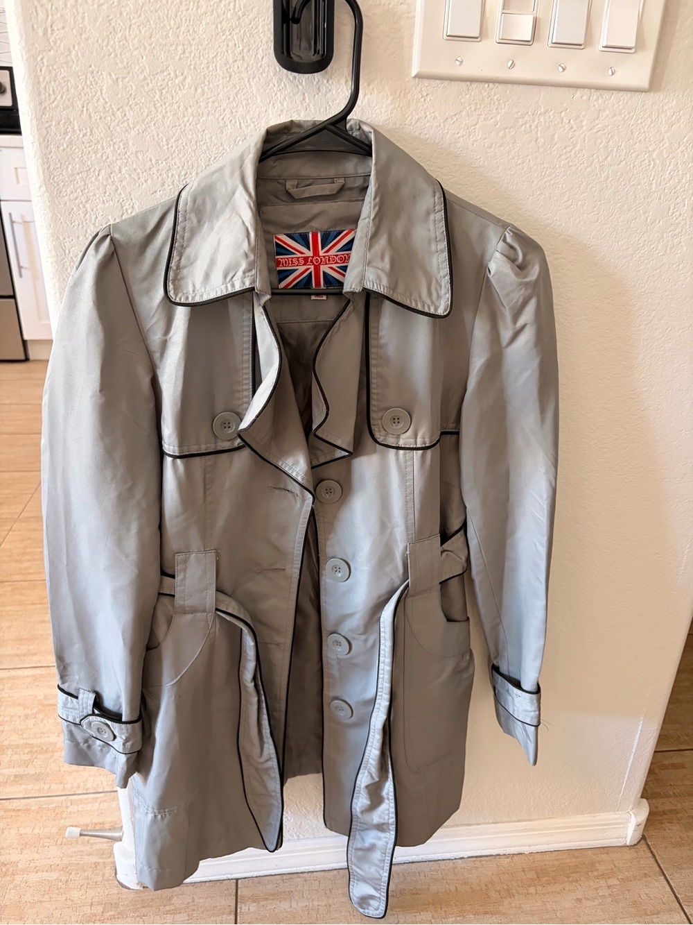 Miss London Light Gray Trench Coat with Black Trim